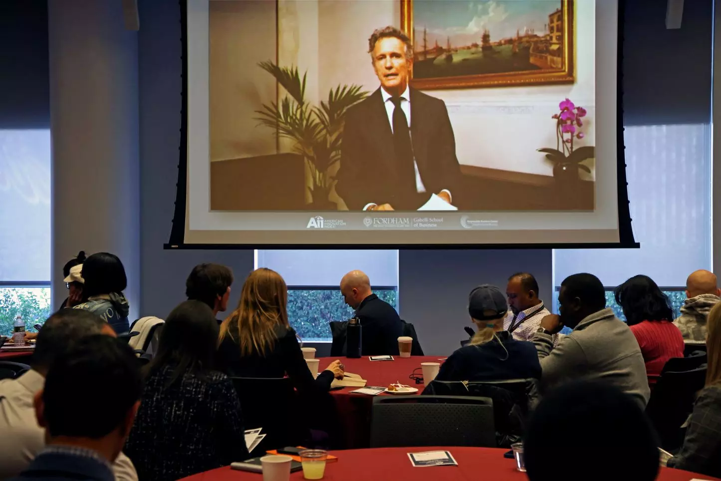 Alessandro Benetton addressing a speech to the students at Fordham University, NY