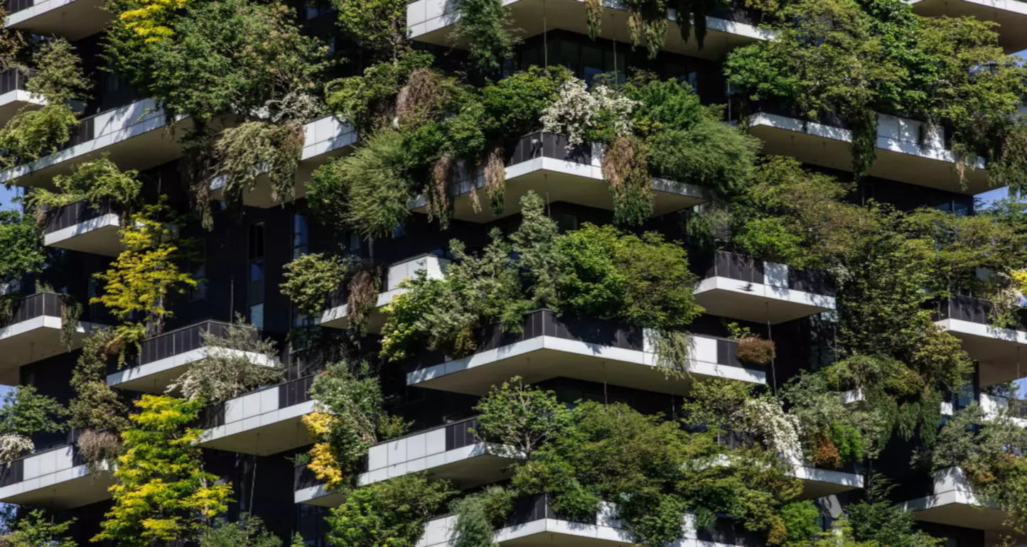 Un dettaglio del Bosco Verticale, una coppia di torri residenziali progettate dall'architetto Stefano Boeri, nel quartiere di Porta Nuova a Milano